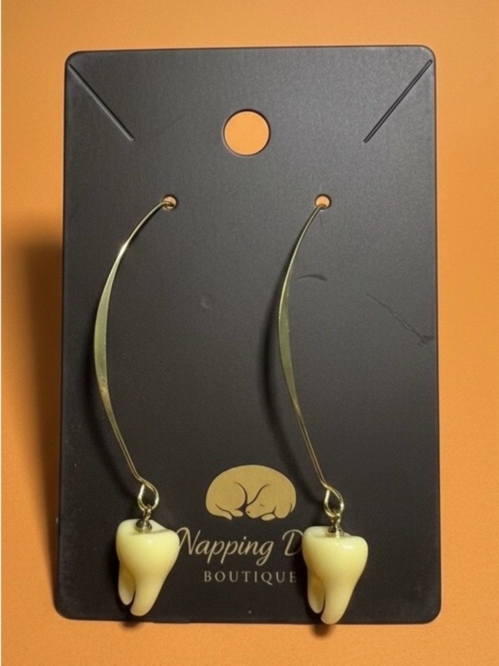 Hand Crafted Cream Tooth Charm Drop Earrings with Gold-Tone Wires
